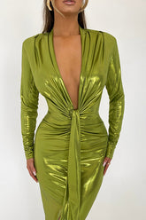 Glossy V Neck Ruched Slit Dress